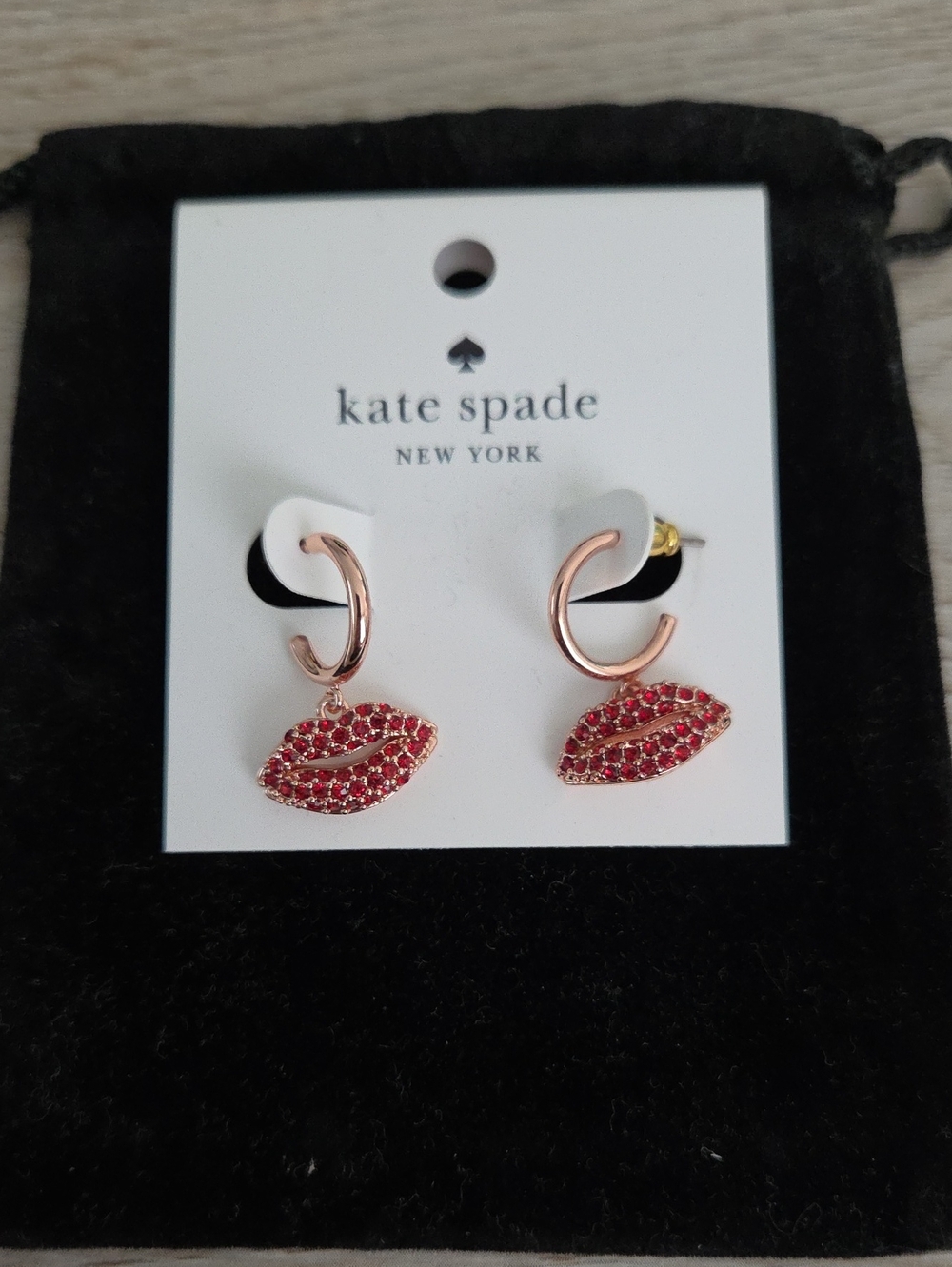 kate spade Rose Gold Hoop Earrings with Red Crystal Lip Charms